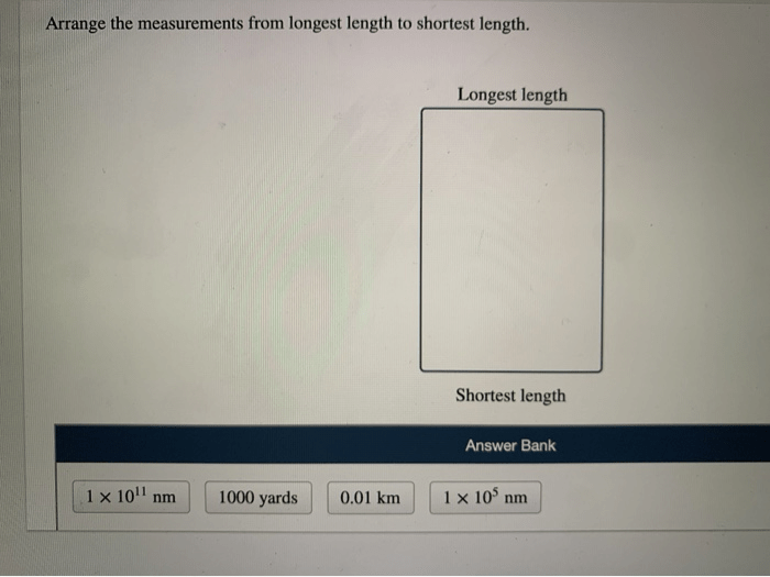 Arrange the measurements from longest length to shortest length.